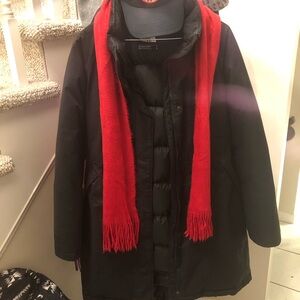 Red furry scarf- possibly mohair, stretchy and soft